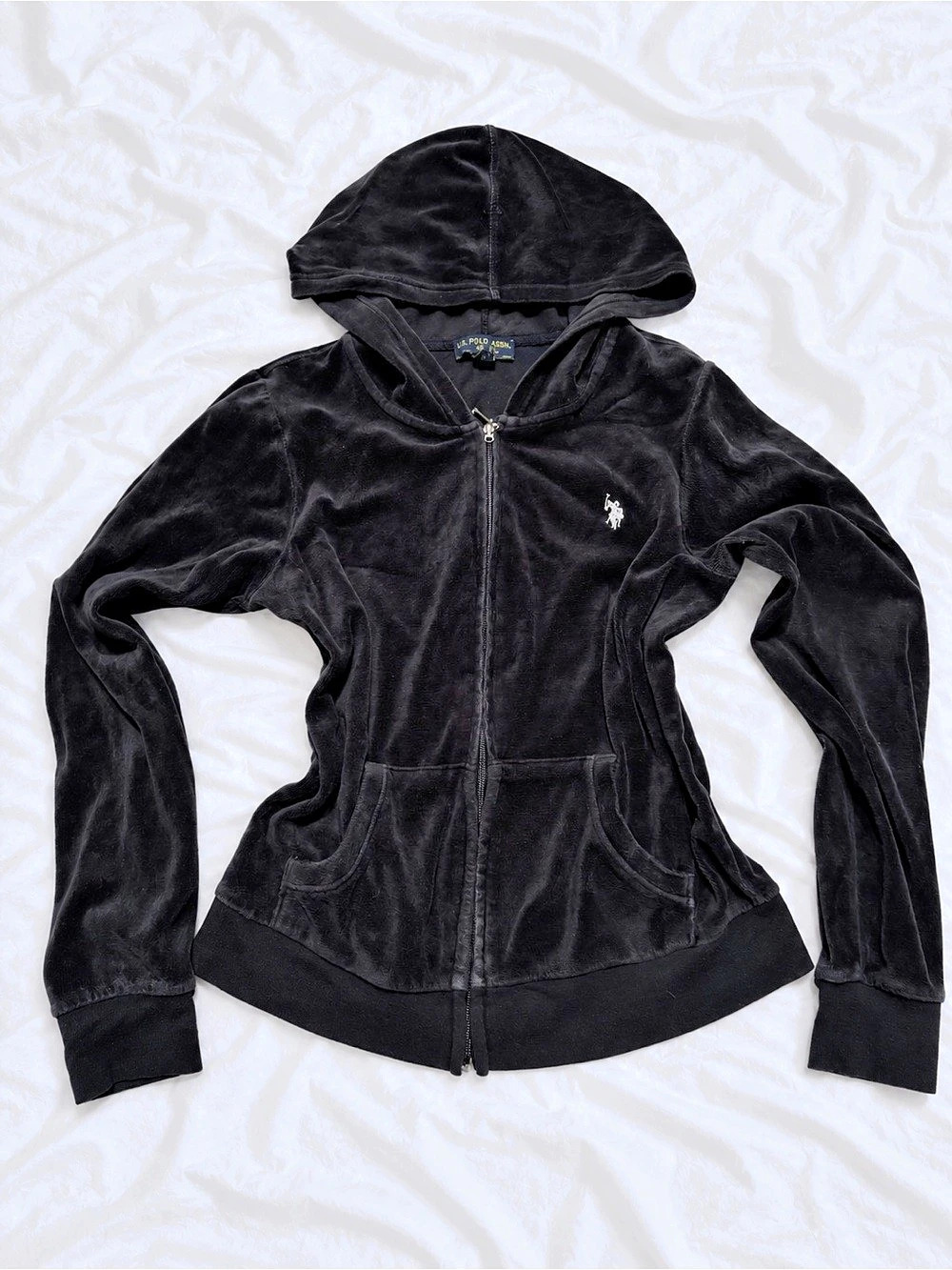U.S. Polo Assn. Rhinestone Logo Velour Zip-Up Hoodie. Black Medium